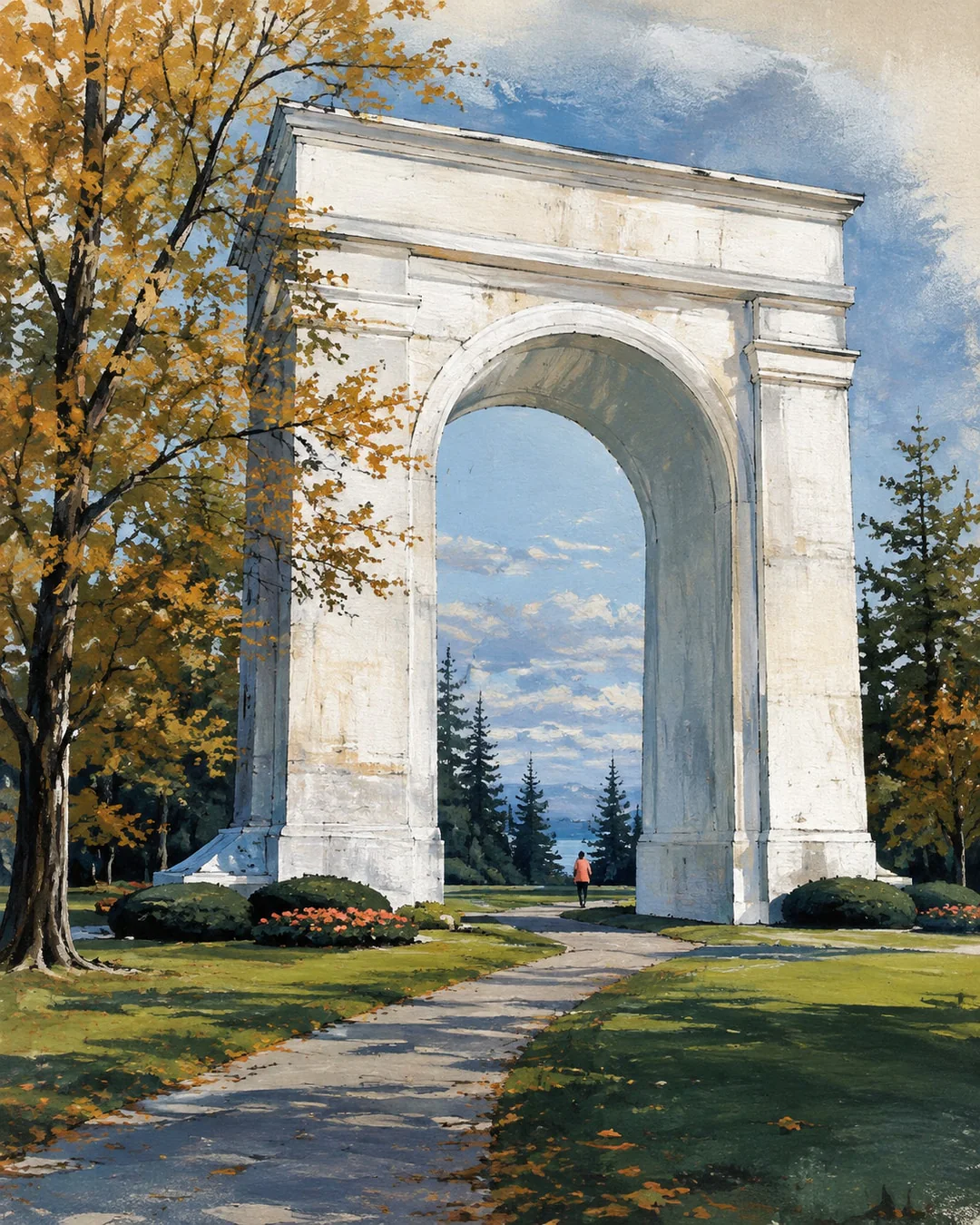 Gouache illustration of the white Peace Arch above a park path. A tiny walker in coral passes beneath its rounded opening, framed by autumn trees and flower beds.