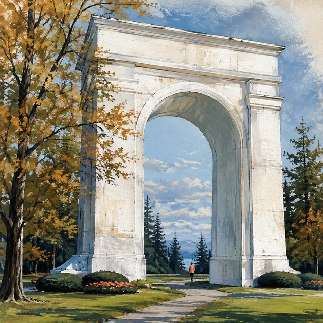 Gouache illustration of the white Peace Arch above a park path. A tiny walker in coral passes beneath its rounded opening, framed by autumn trees and flower beds.