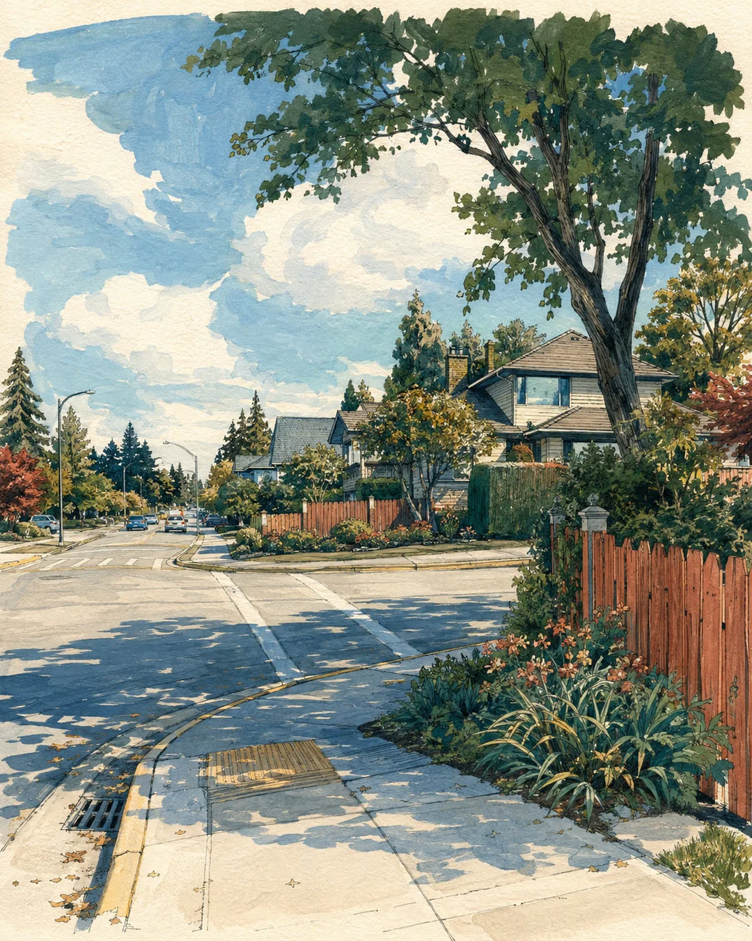 Gouache illustration of a residential corner with a curved sidewalk, leafy trees, low houses and red wooden fences casting long shadows.
