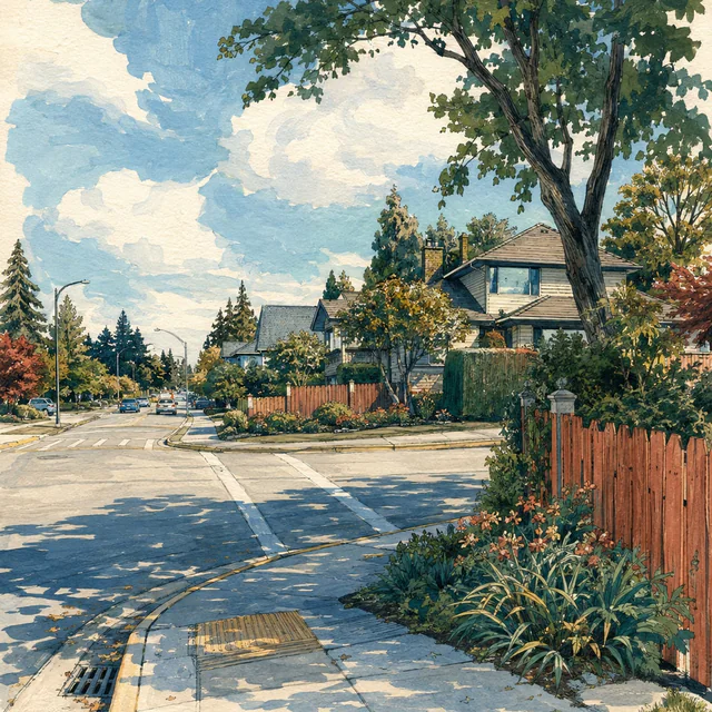 Gouache illustration of a residential corner with a curved sidewalk, leafy trees, low houses and red wooden fences casting long shadows.