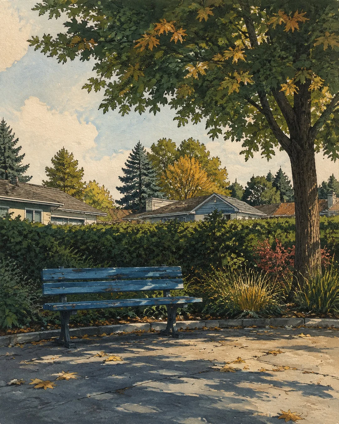 An empty blue wooden bench sits beneath an autumn tree, backed by a hedge and low neighborhood roofs, in a gouache and ink illustration.