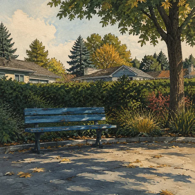 An empty blue wooden bench sits beneath an autumn tree, backed by a hedge and low neighborhood roofs, in a gouache and ink illustration.