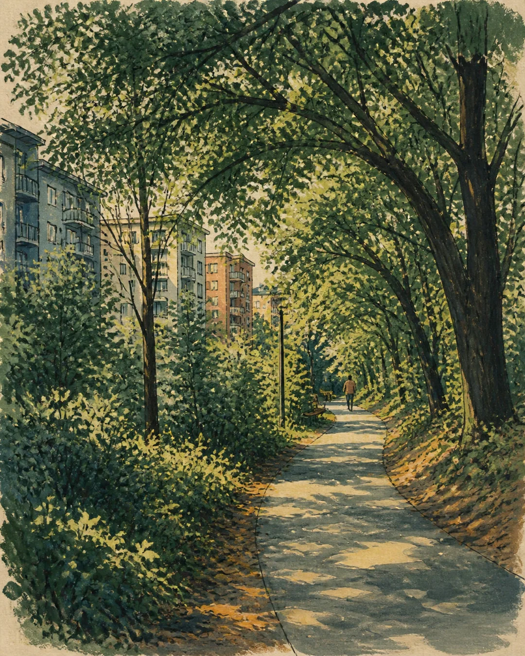 Gouache view along a shaded path beneath arching trees, with apartment buildings at left and a small walker in the distance.