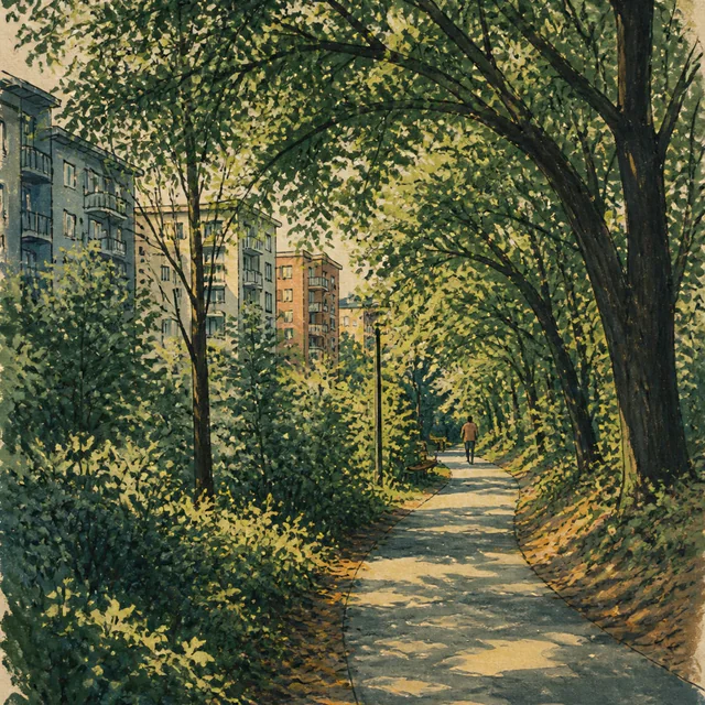 Gouache view along a shaded path beneath arching trees, with apartment buildings at left and a small walker in the distance.