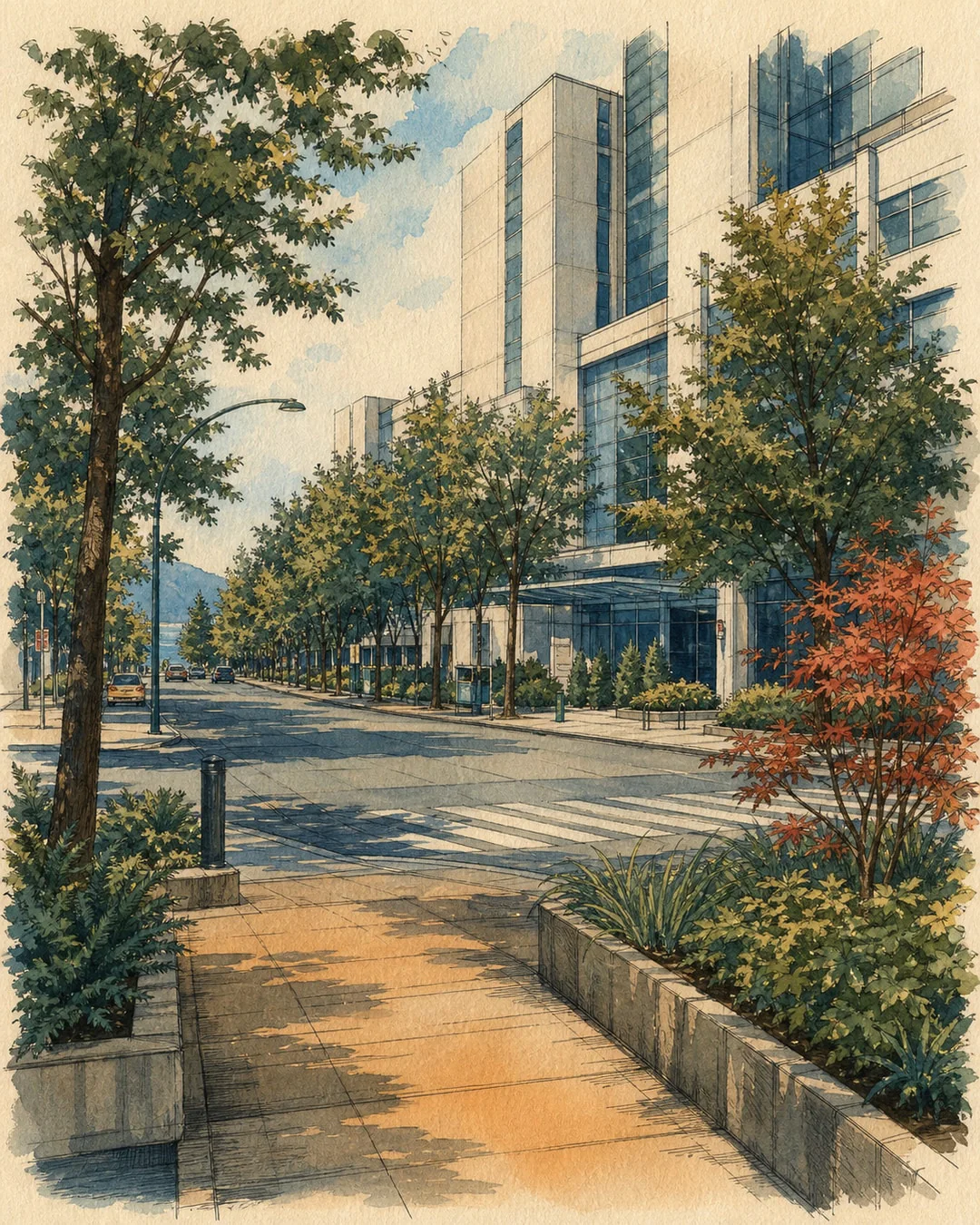 A painted city sidewalk and crosswalk pass planted beds and a tall pale building with blue glass, beneath rows of street trees.