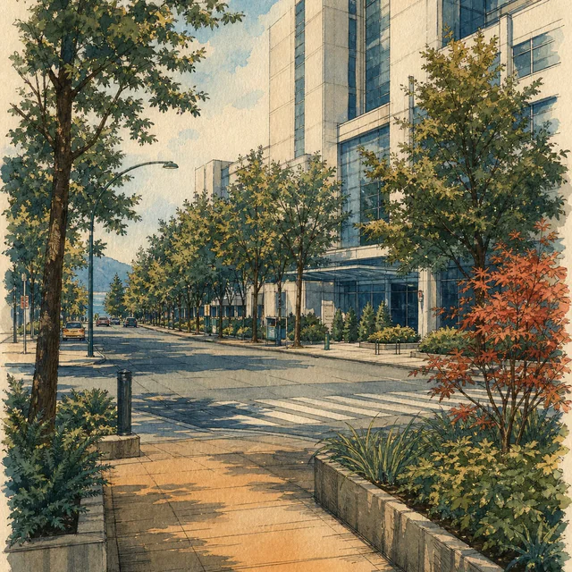 A painted city sidewalk and crosswalk pass planted beds and a tall pale building with blue glass, beneath rows of street trees.