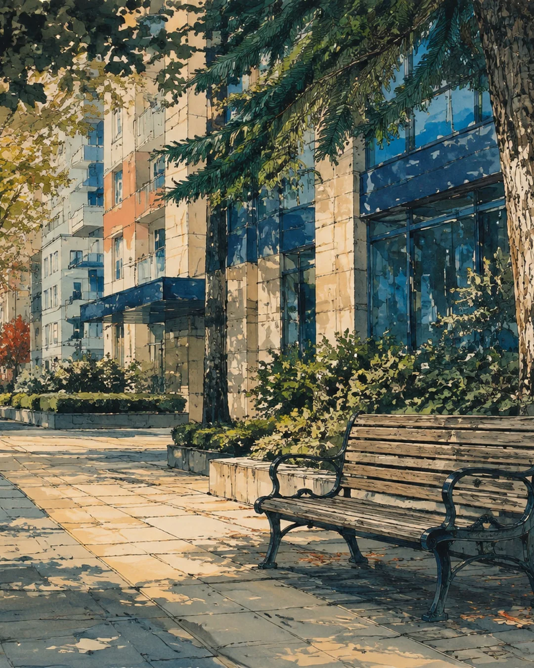 Gouache illustration of an empty wooden bench on a sunlit city sidewalk, shaded by conifer branches beside planted beds and blue-glass buildings.