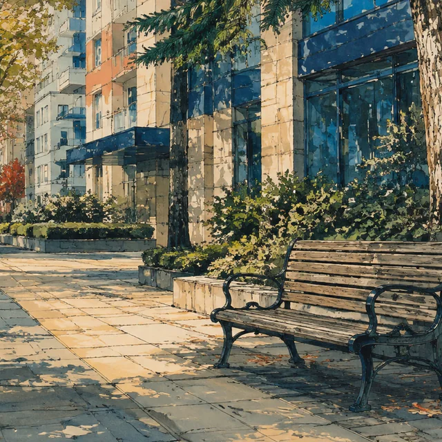 Gouache illustration of an empty wooden bench on a sunlit city sidewalk, shaded by conifer branches beside planted beds and blue-glass buildings.