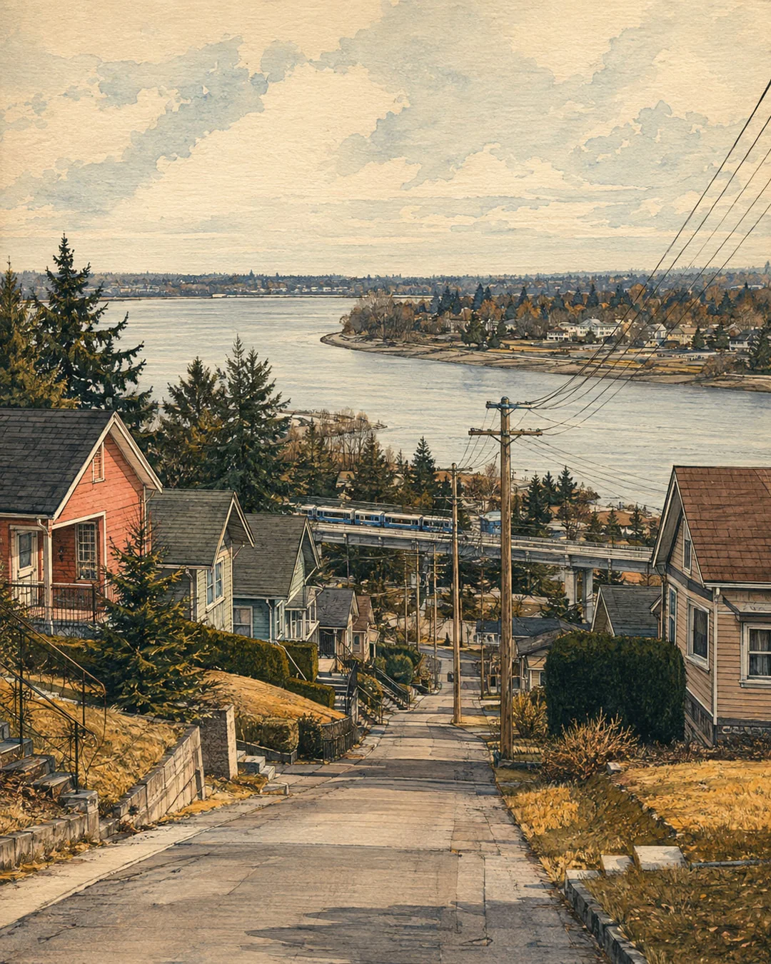 Gouache view down a steep neighborhood street toward a broad river bend. Small houses and utility poles frame a train on an elevated track.