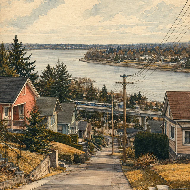 Gouache view down a steep neighborhood street toward a broad river bend. Small houses and utility poles frame a train on an elevated track.