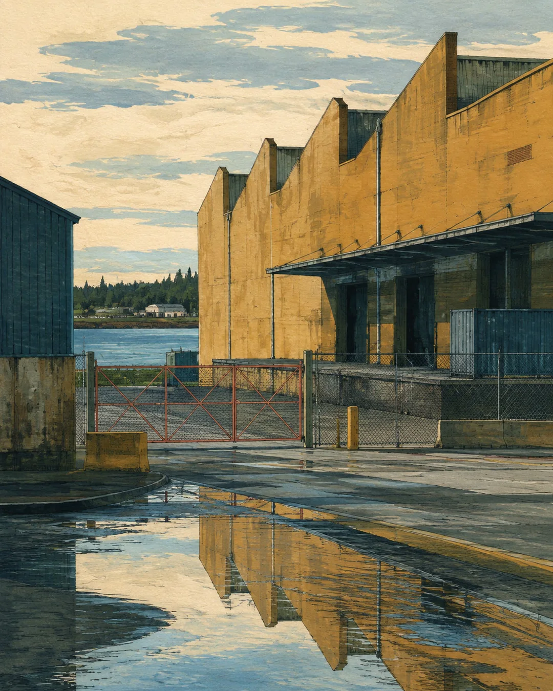 A yellow sawtooth-roof warehouse and blue loading bays reflect in rain puddles beside a closed yard gate, with river water visible beyond, painted in gouache.