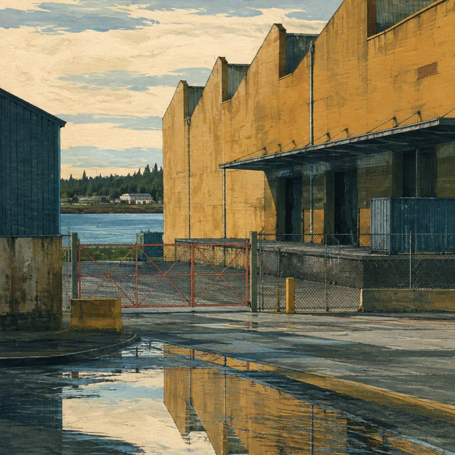 A yellow sawtooth-roof warehouse and blue loading bays reflect in rain puddles beside a closed yard gate, with river water visible beyond, painted in gouache.