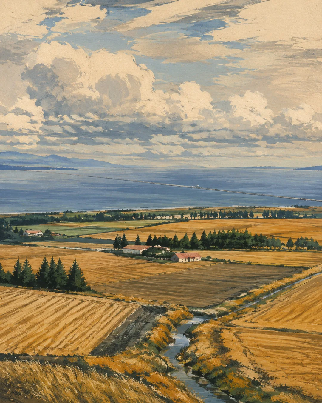Gouache panorama of golden coastal fields, a winding drainage channel and scattered farm buildings, with blue water and a thin causeway in the distance.