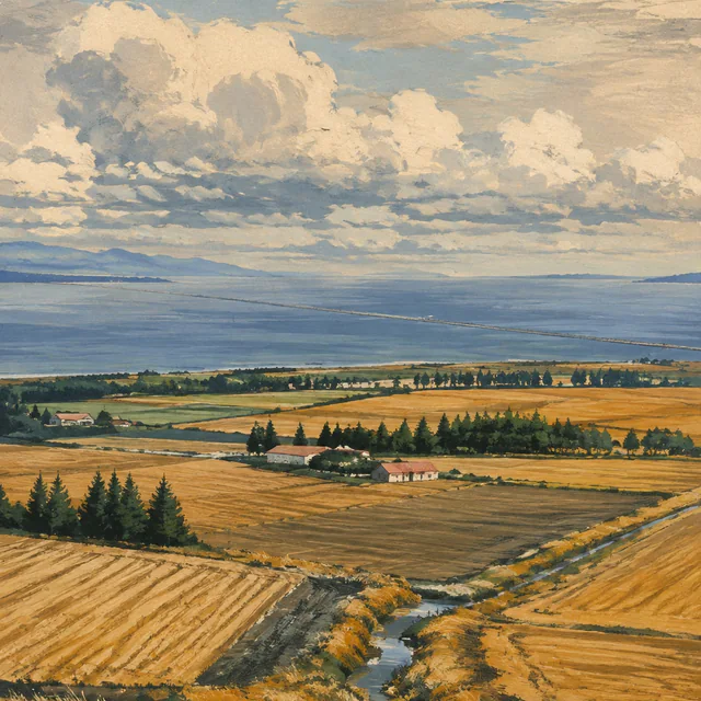 Gouache panorama of golden coastal fields, a winding drainage channel and scattered farm buildings, with blue water and a thin causeway in the distance.