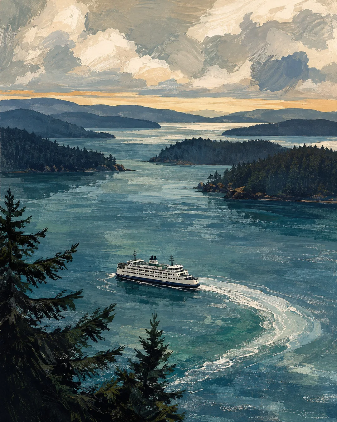 Gouache view from a wooded bluff of a white ferry leaving a curved wake through blue channels between layered, forested islands.