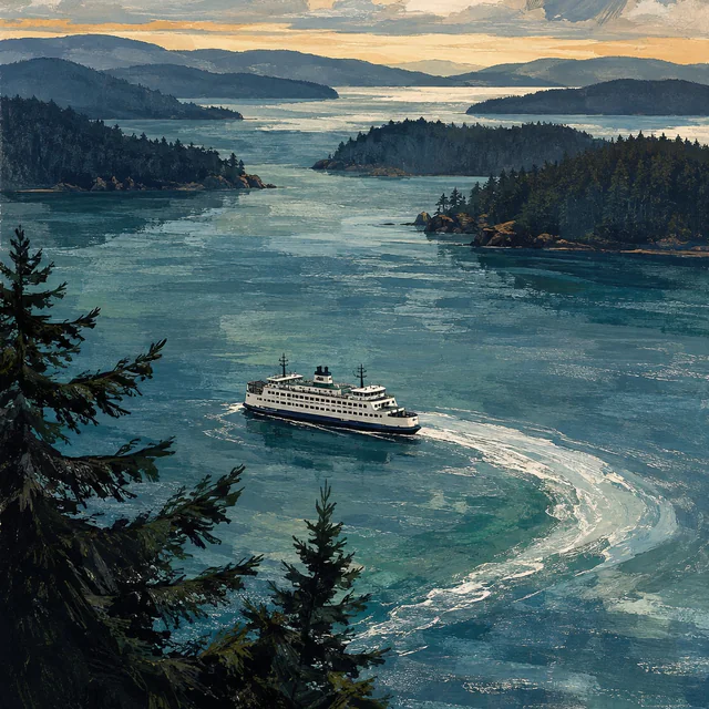Gouache view from a wooded bluff of a white ferry leaving a curved wake through blue channels between layered, forested islands.