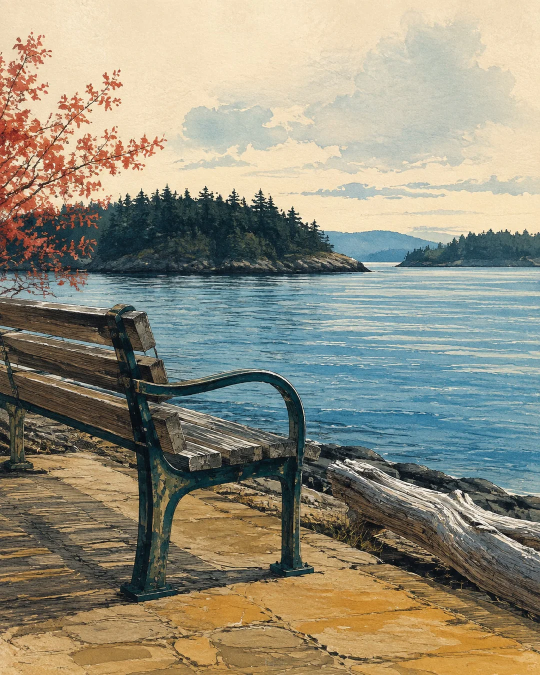 An empty weathered bench overlooks calm blue water and wooded islands, with driftwood along the shore and coral leaves at left, painted in gouache.