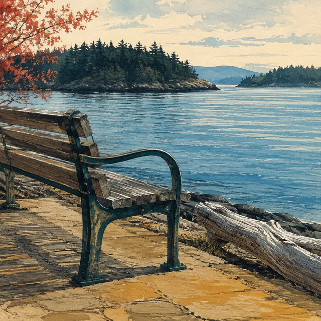 An empty weathered bench overlooks calm blue water and wooded islands, with driftwood along the shore and coral leaves at left, painted in gouache.