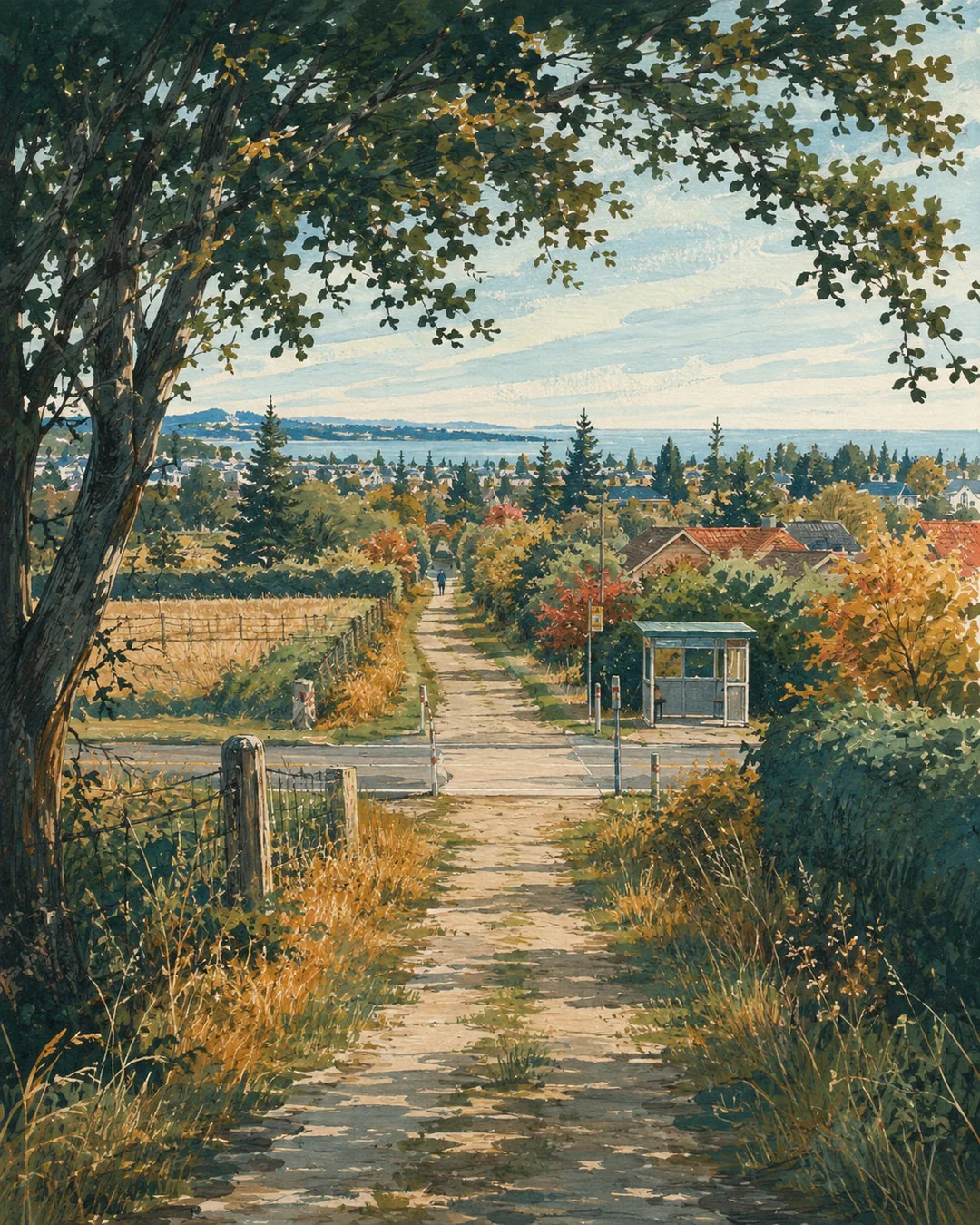 Gouache illustration of a tree-framed path crossing a small road beside fields, hedges and a bus shelter, with distant homes, water and a tiny walker.