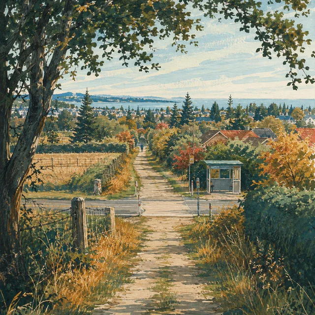 Gouache illustration of a tree-framed path crossing a small road beside fields, hedges and a bus shelter, with distant homes, water and a tiny walker.