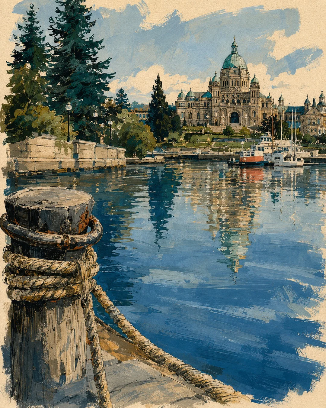 Gouache view across blue harbor water toward a domed legislature, with moored boats, a stone quay and a rope-wrapped wooden piling in the foreground.