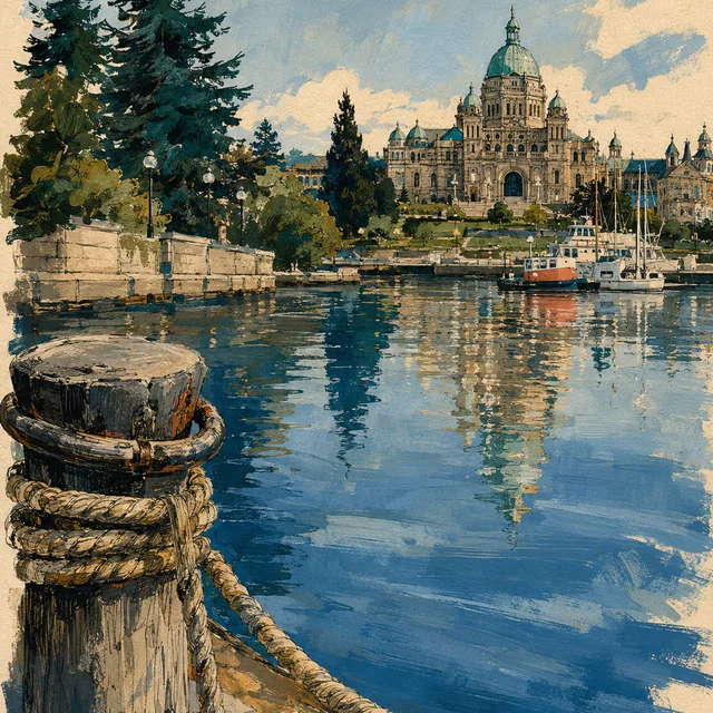 Gouache view across blue harbor water toward a domed legislature, with moored boats, a stone quay and a rope-wrapped wooden piling in the foreground.
