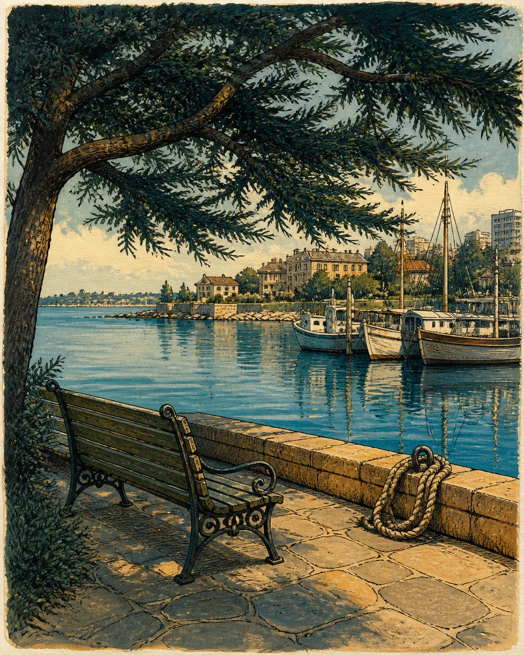 An empty wooden bench sits beneath an evergreen beside a stone harbor wall, with a coil of rope, moored boats and pale waterfront buildings, painted in gouache.