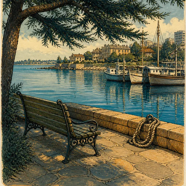 An empty wooden bench sits beneath an evergreen beside a stone harbor wall, with a coil of rope, moored boats and pale waterfront buildings, painted in gouache.