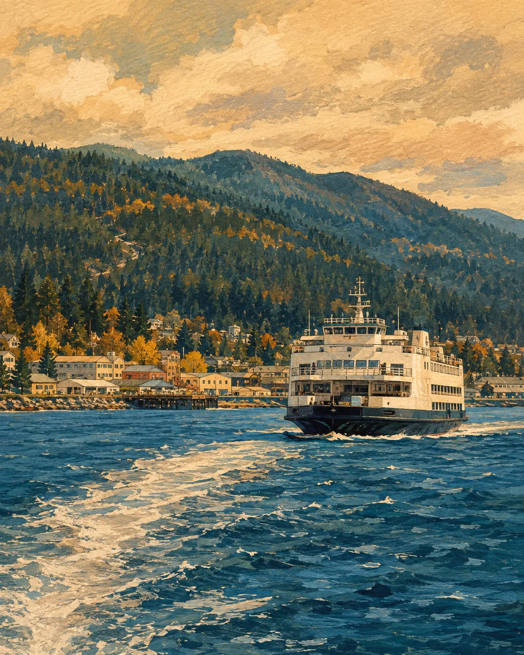 Gouache illustration of a white ferry on choppy blue water, with a low waterfront town and forested hills beneath a warm ochre sky.
