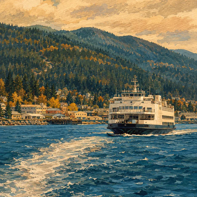 Gouache illustration of a white ferry on choppy blue water, with a low waterfront town and forested hills beneath a warm ochre sky.