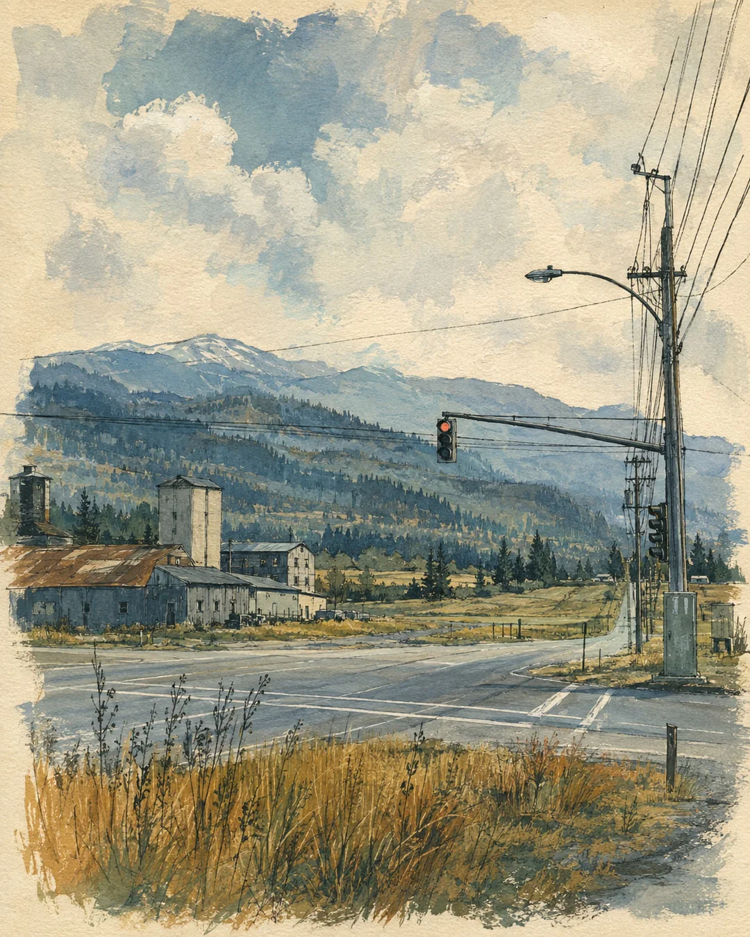 Gouache view of a quiet rural crossroads with a red traffic light, utility poles, weathered low buildings and dry grass, backed by fields and wooded mountains.