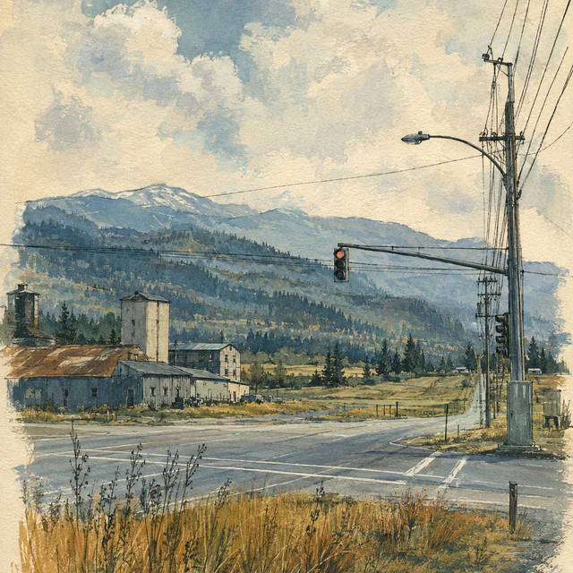 Gouache view of a quiet rural crossroads with a red traffic light, utility poles, weathered low buildings and dry grass, backed by fields and wooded mountains.