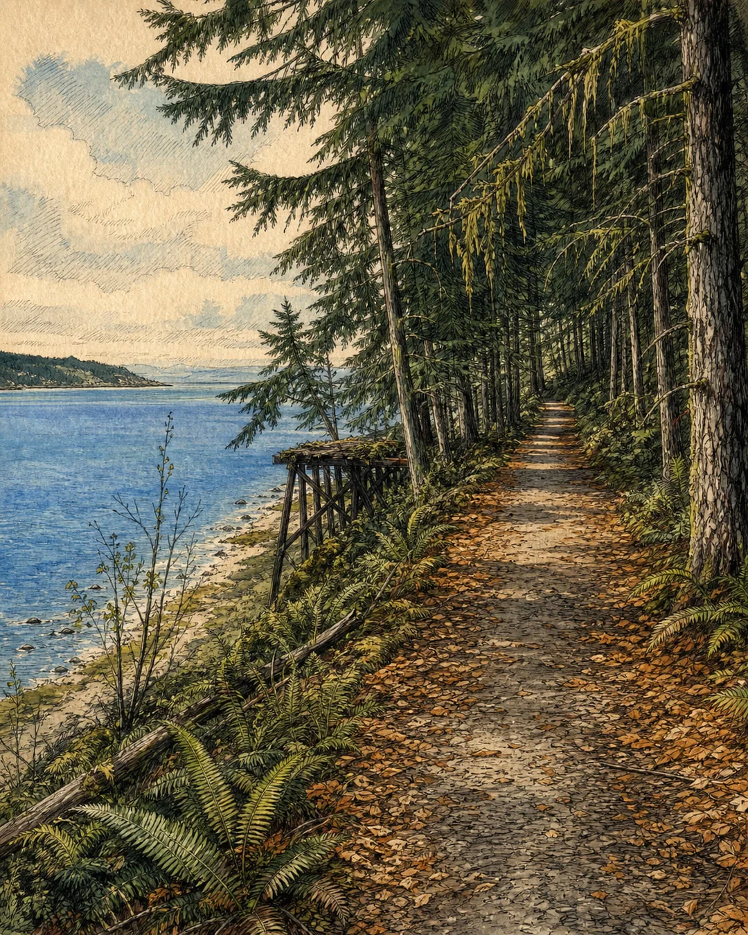 A leaf-covered path follows a blue bay beneath mossy conifers, with ferns and weathered wooden supports near the shore, in a gouache and ink illustration.