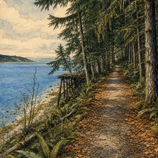 A leaf-covered path follows a blue bay beneath mossy conifers, with ferns and weathered wooden supports near the shore, in a gouache and ink illustration.