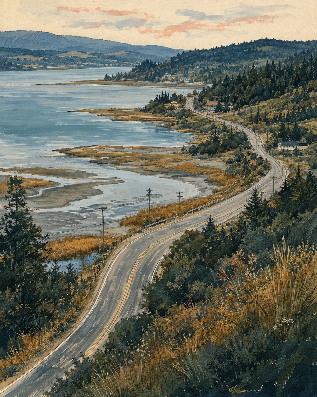 Gouache panorama of a two-lane road curving beside tidal flats and blue bay water, with small houses, utility poles and forested hills.