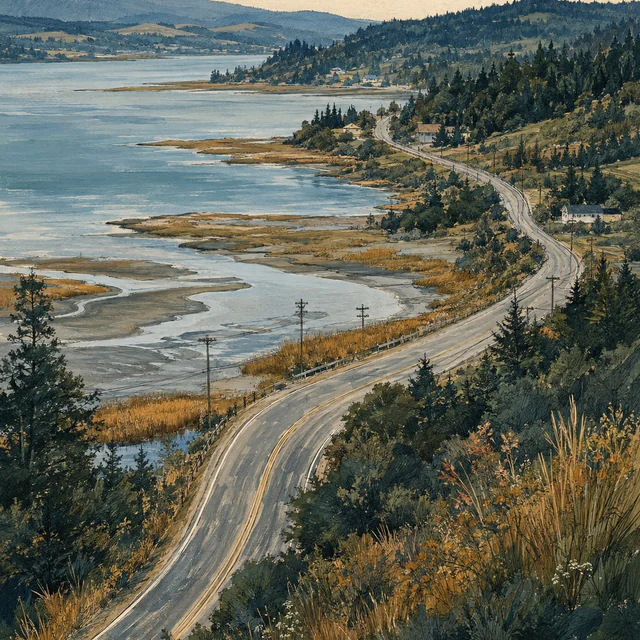 Gouache panorama of a two-lane road curving beside tidal flats and blue bay water, with small houses, utility poles and forested hills.
