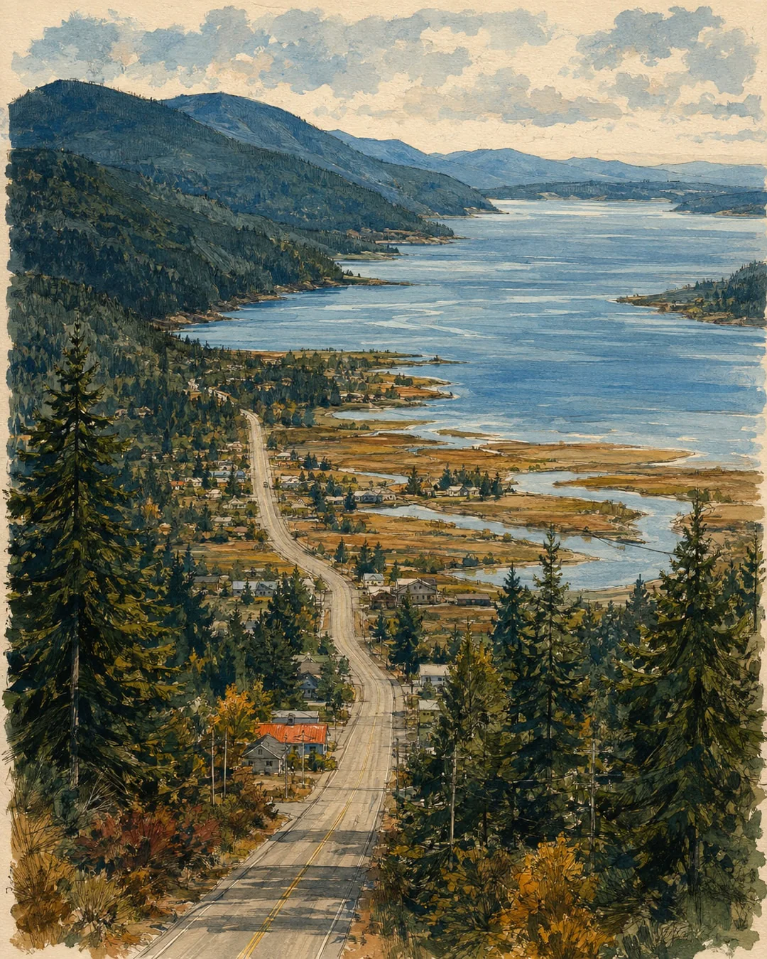 Gouache panorama of a road descending through small homes and conifers beside winding tidal channels and a broad blue bay, with wooded hills beyond.