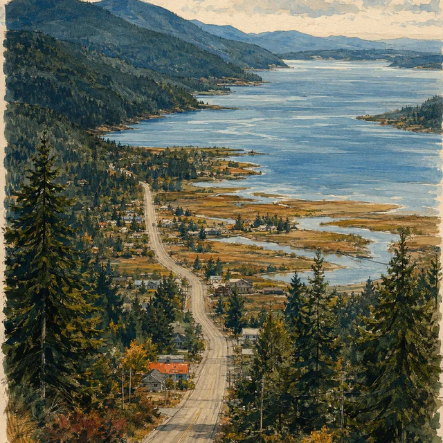 Gouache panorama of a road descending through small homes and conifers beside winding tidal channels and a broad blue bay, with wooded hills beyond.