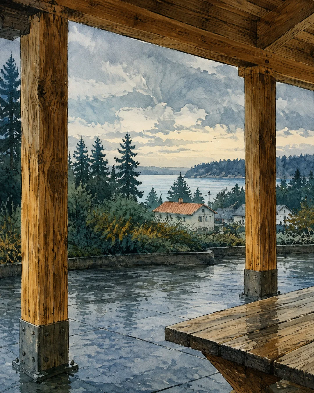 Gouache view from beneath a timber shelter, with an empty wooden table, thick posts and wet paving framing small houses, conifers and blue bay water.