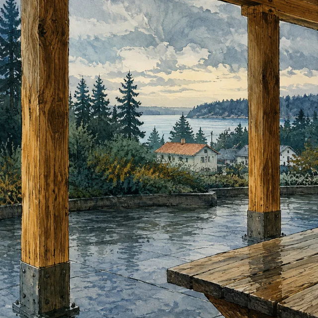 Gouache view from beneath a timber shelter, with an empty wooden table, thick posts and wet paving framing small houses, conifers and blue bay water.