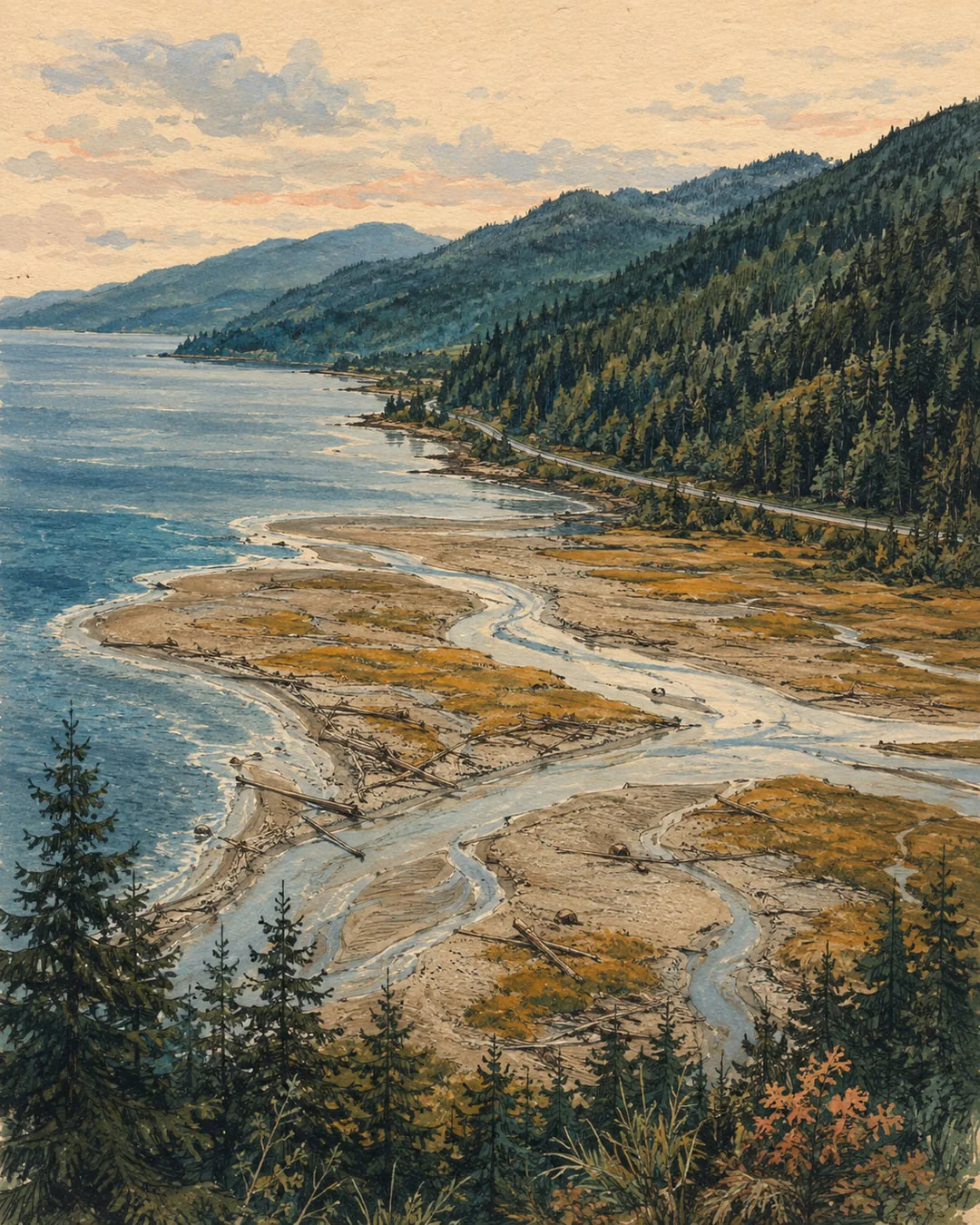 Braided shallows wind through gravel, driftwood and golden marsh into blue coastal water, beside a road and forested hills, painted in gouache.