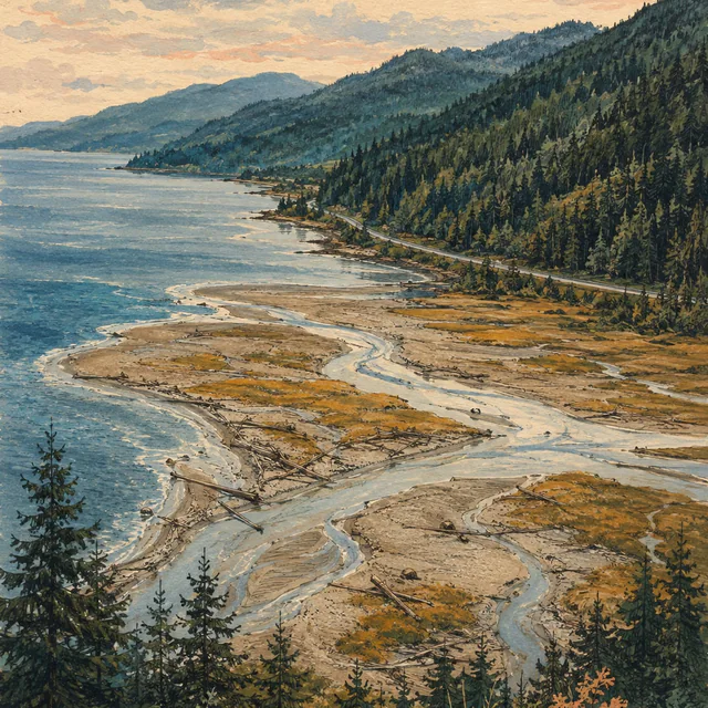 Braided shallows wind through gravel, driftwood and golden marsh into blue coastal water, beside a road and forested hills, painted in gouache.
