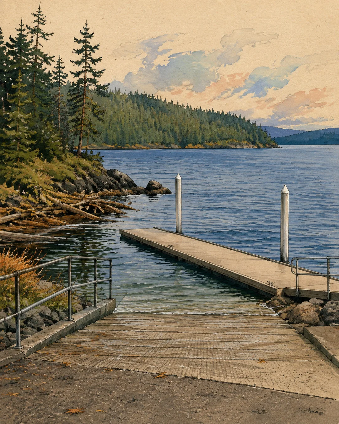 Gouache illustration of a concrete boat ramp, railings and an empty dock beside blue water, with driftwood, shoreline rocks and wooded banks.