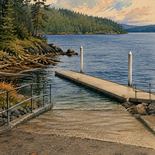 Gouache illustration of a concrete boat ramp, railings and an empty dock beside blue water, with driftwood, shoreline rocks and wooded banks.