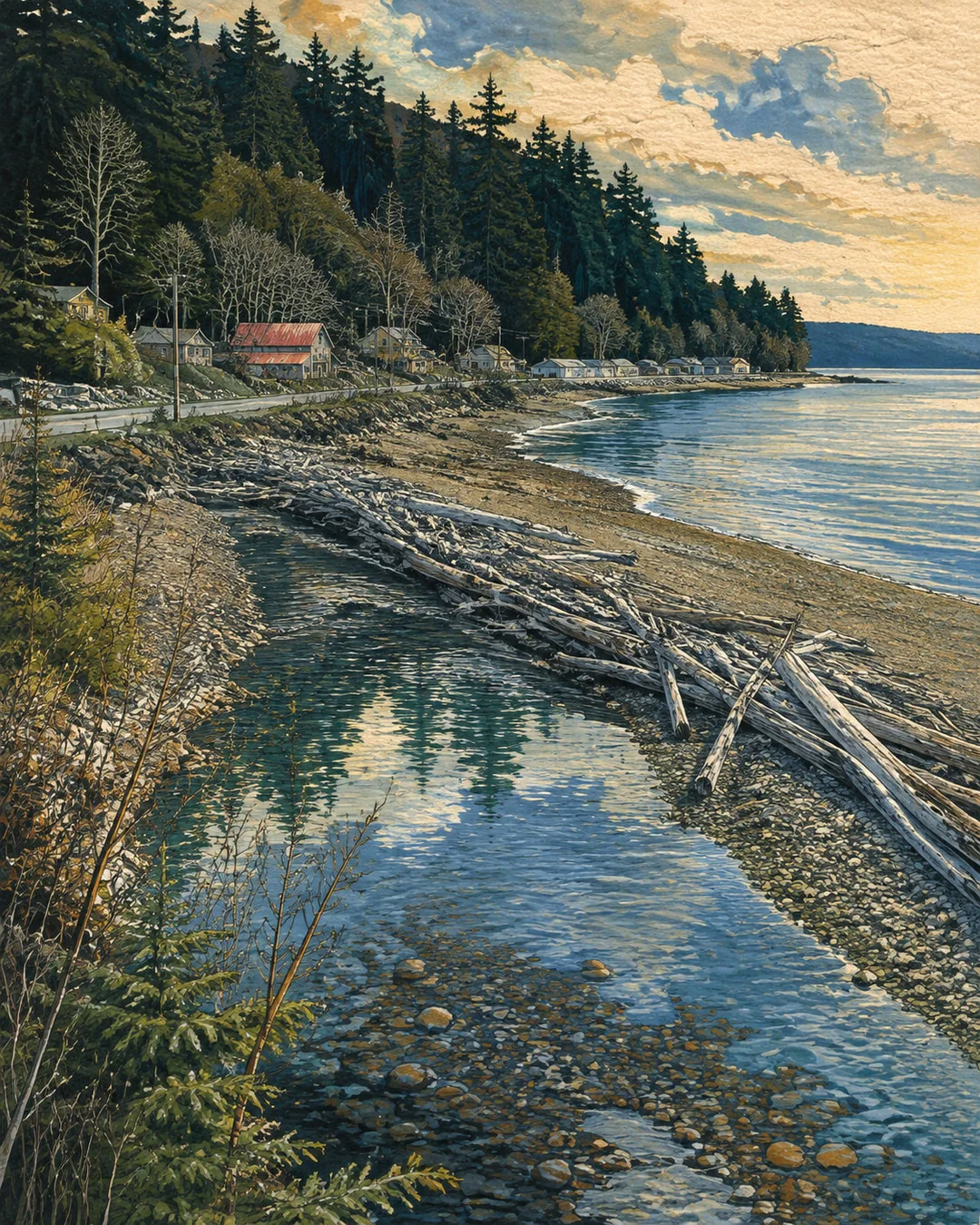 Gouache view of a clear, stony creek beside a driftwood-covered beach, with blue coastal water, low roadside houses and a densely wooded slope.
