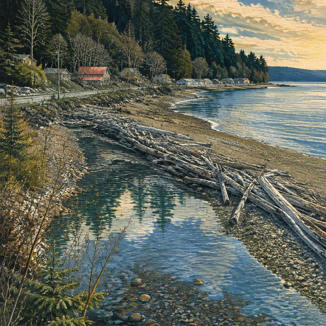 Gouache view of a clear, stony creek beside a driftwood-covered beach, with blue coastal water, low roadside houses and a densely wooded slope.