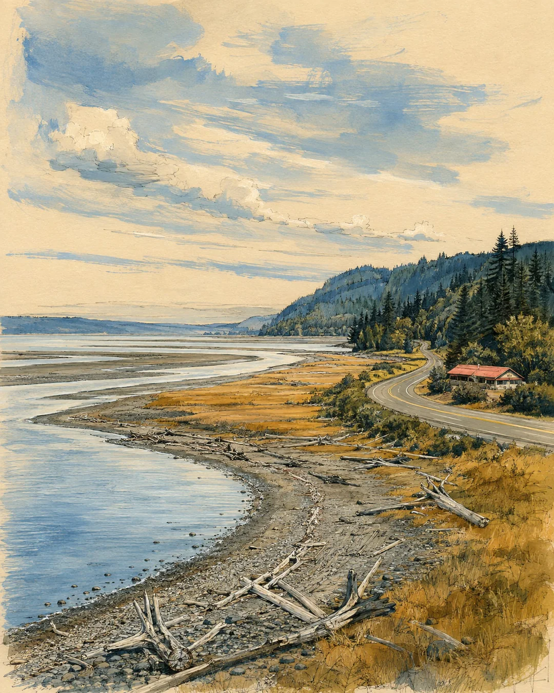 A curving road passes a coral-roofed building above driftwood-strewn tidal flats, golden grass and blue water beneath wooded hills, painted in gouache.