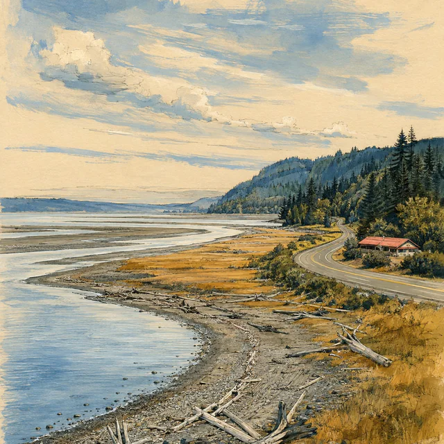 A curving road passes a coral-roofed building above driftwood-strewn tidal flats, golden grass and blue water beneath wooded hills, painted in gouache.