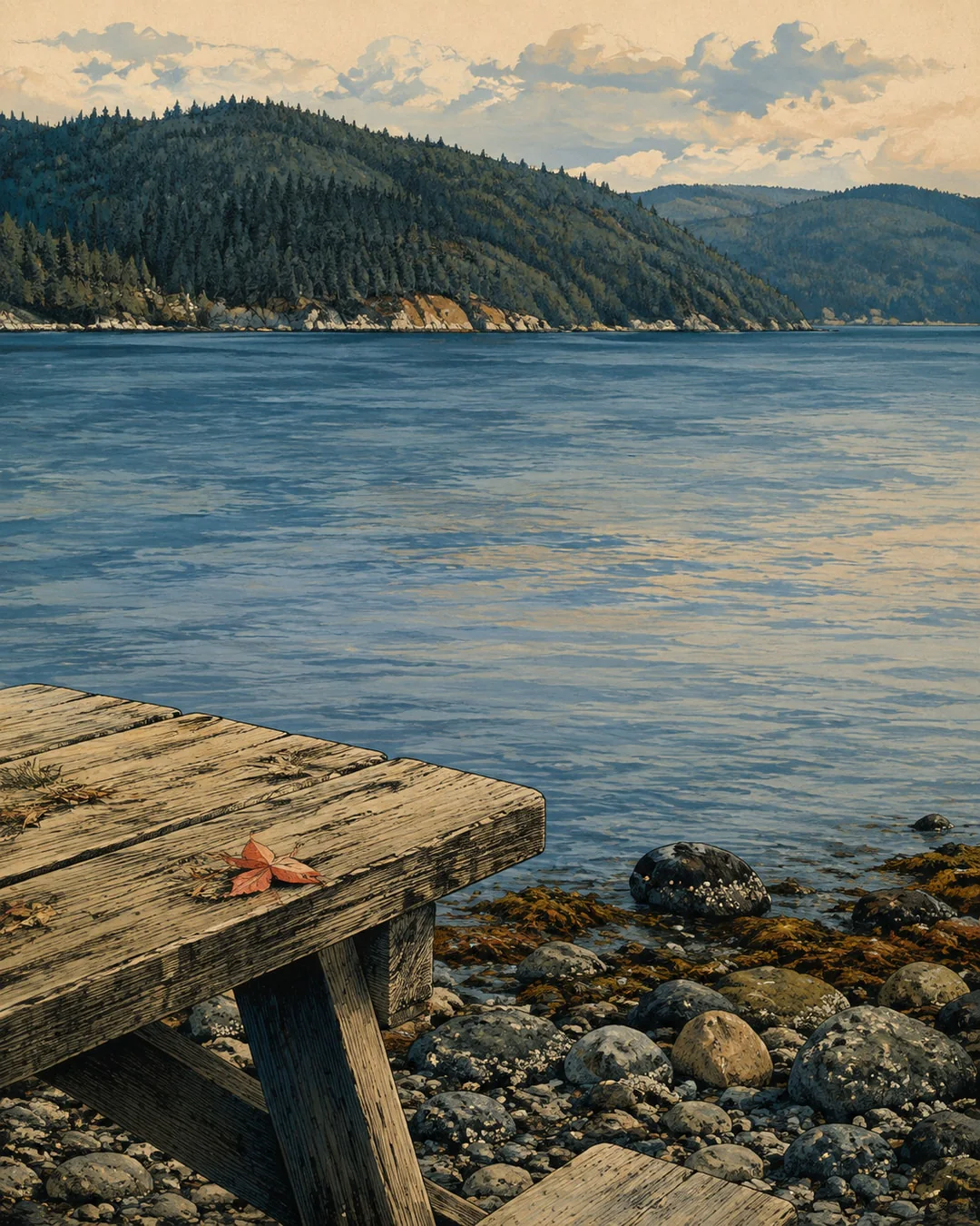 Gouache view of an empty weathered picnic table with a coral leaf beside a rocky shore, broad blue water and forested hills across the inlet.
