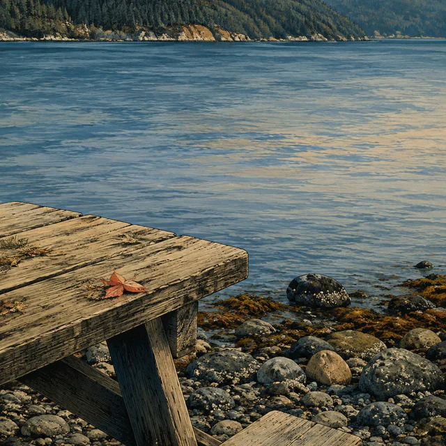 Gouache view of an empty weathered picnic table with a coral leaf beside a rocky shore, broad blue water and forested hills across the inlet.